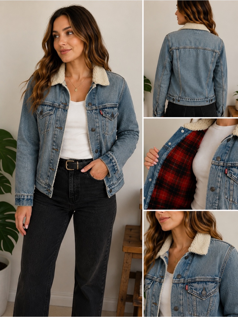 Levi’s Vintage Sherpa Trucker Denim Jacket Buffalo Plaid Lined Blue Jean XS